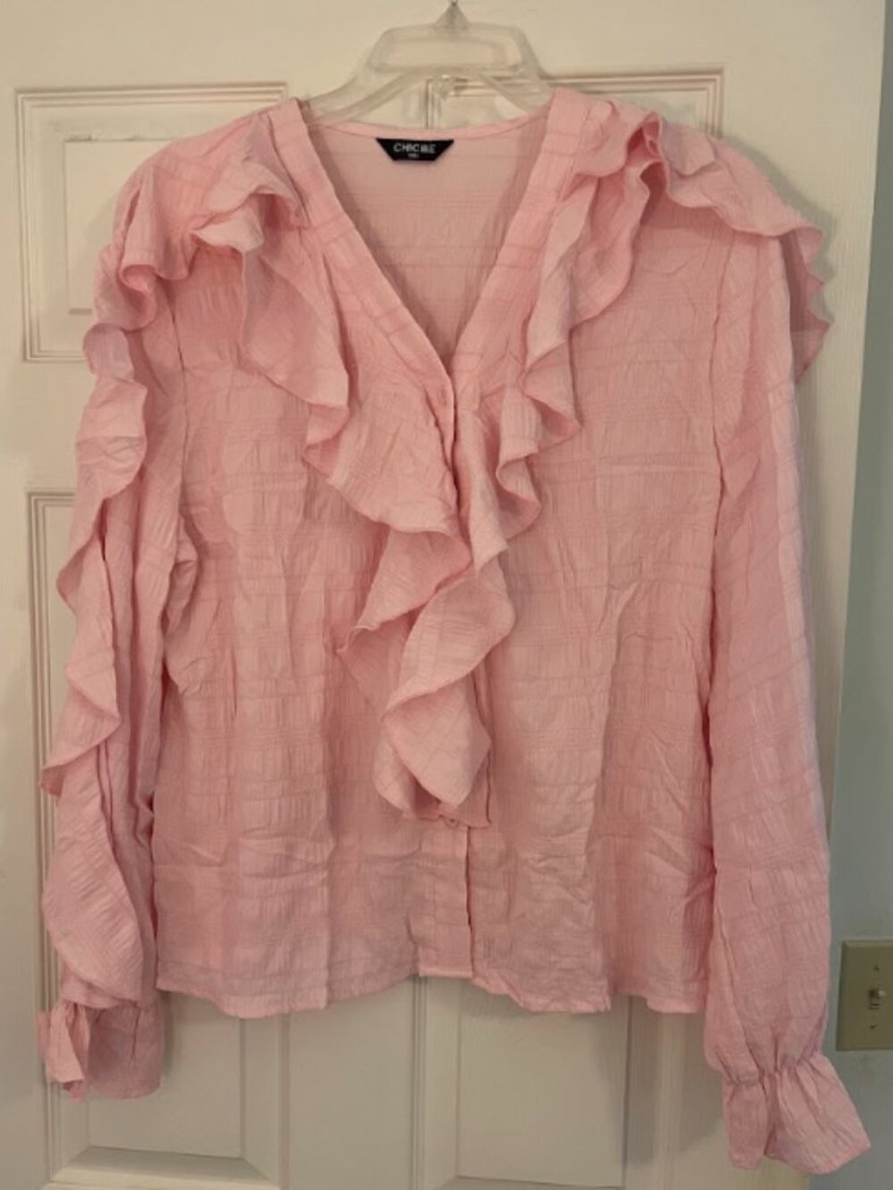 ChicMe Pink Ruffle top Button up Long Sleeve XXL BOHO Business Casual